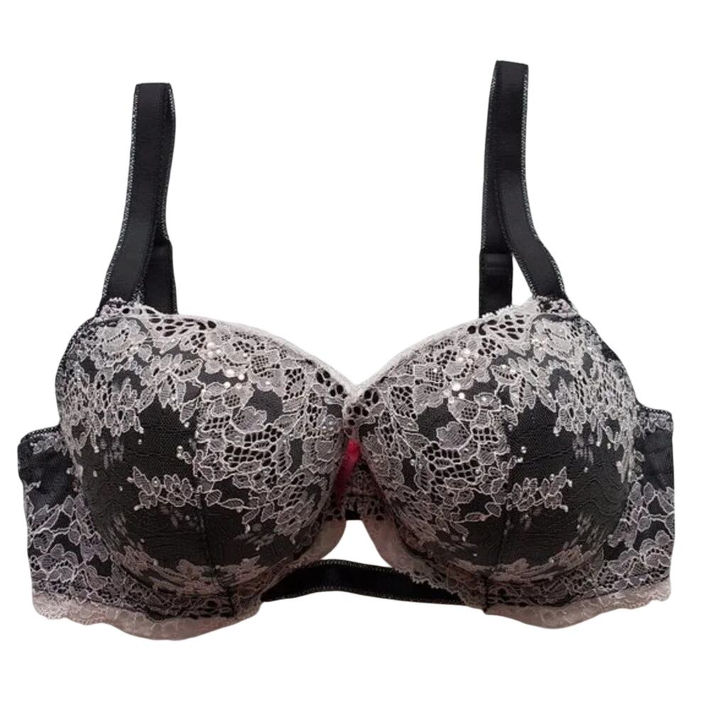 Victorias Secret Dream Angels Bra Size 32DD Black Cream Lace Demi Underwire